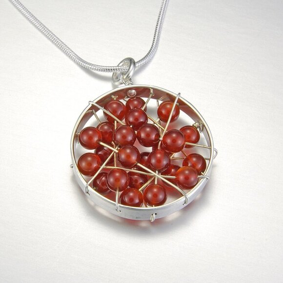 Carnelian Silver Pendant Necklace Cage Bead Statement Minimalist Modern Jewelry - Picture 1 of 2